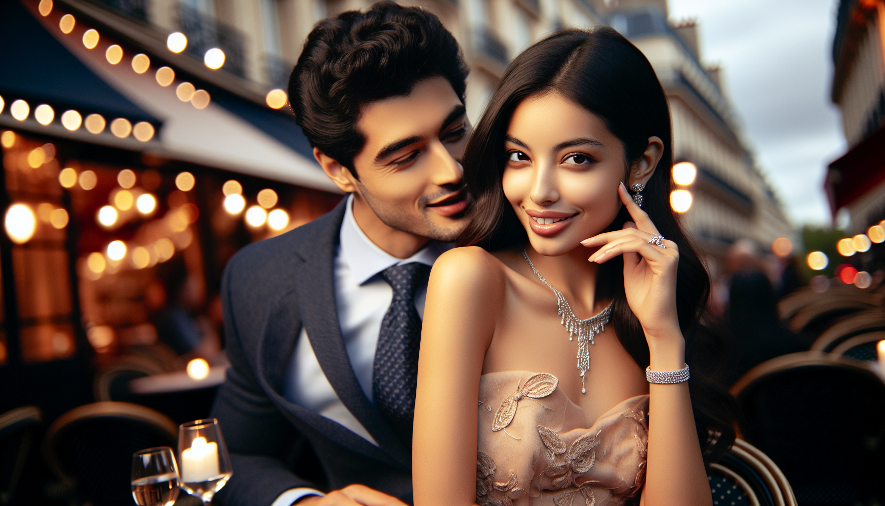 Couple complice sur une terrasse parisienne le soir