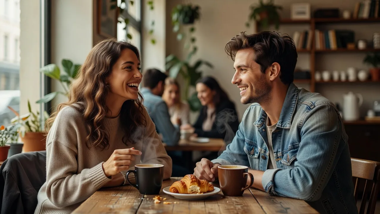 Deux personnes lors d'un premier café, ambiance détendue et conversation engagée