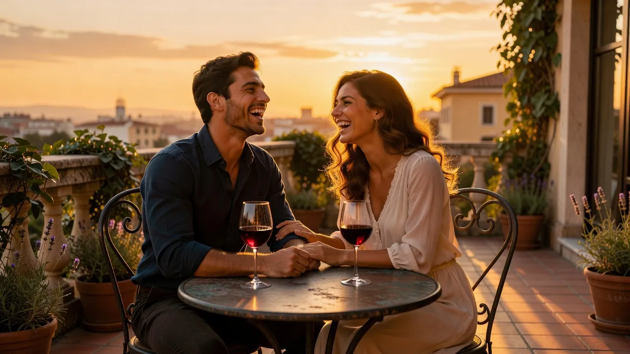 Premier rendez-vous réussi : couple riant ensemble, complicité naissante et ambiance légère
