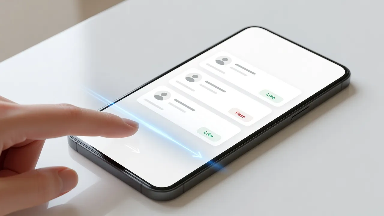 Interface swipe stylisée d'une app de rencontre moderne, doigt qui glisse