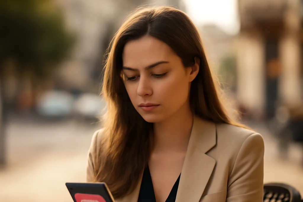 Jeune femme élégante consultant une application de rencontre sur son smartphone en terrasse