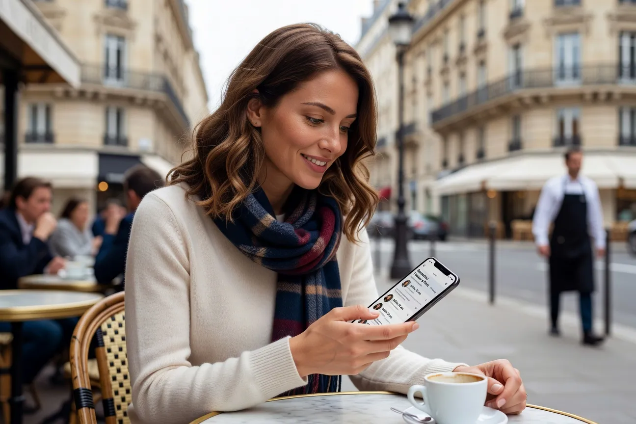 Femme utilisant une app de rencontre dans un café parisien