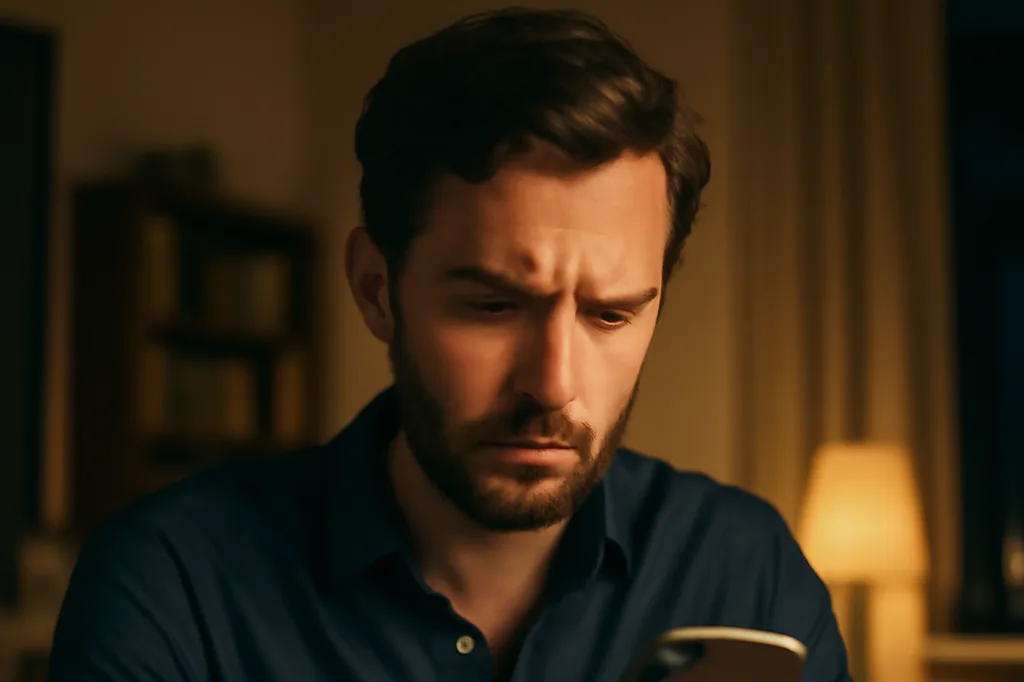 Homme consultant des messages sur son téléphone avec une expression concentrée, ambiance de bureau le soir
