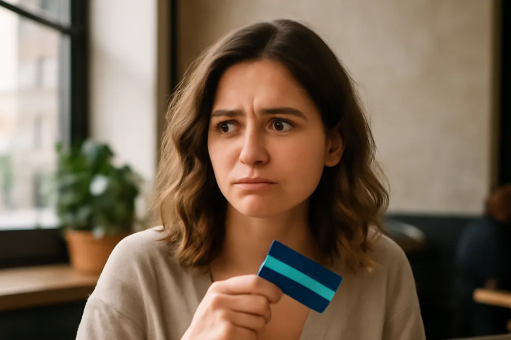 Femme assise à une table de café tenant une carte bancaire face à son ordinateur portable, expression hésitante