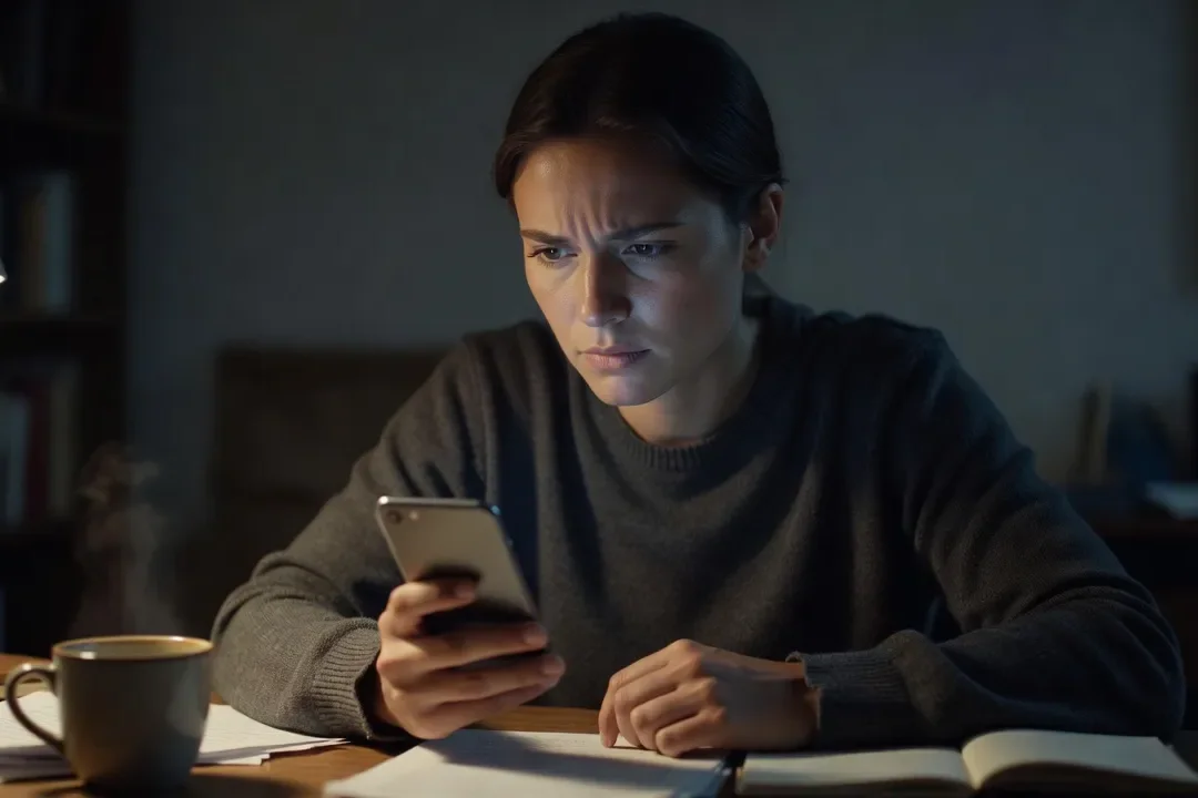 Personne pensive regardant un écran de smartphone avec une expression de réflexion