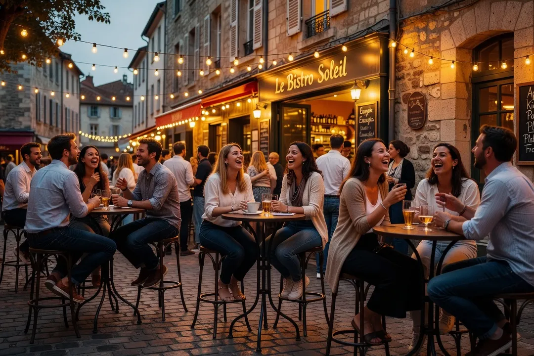Terrasse de bar animée en soirée avec des jeunes adultes discutant autour de tables hautes