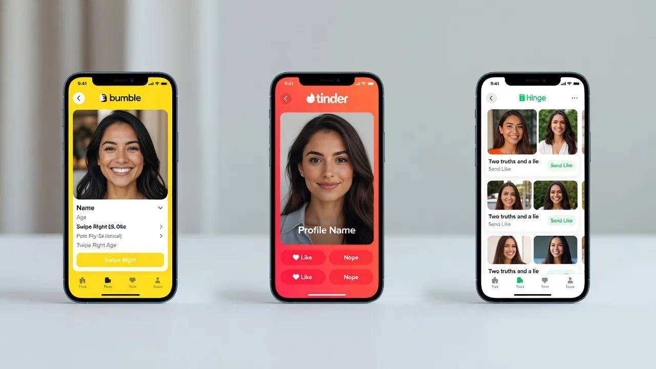 Comparaison visuelle des interfaces de Bumble, Tinder et Hinge sur des smartphones modernes