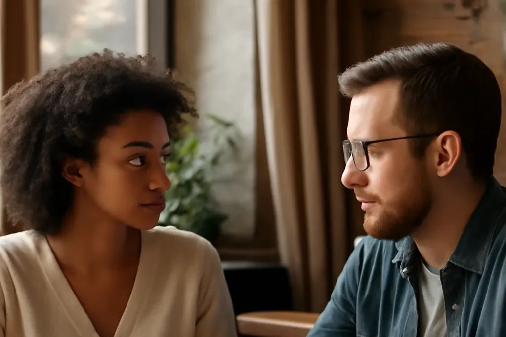 Deux adultes assis face à face dans un café en pleine conversation attentive