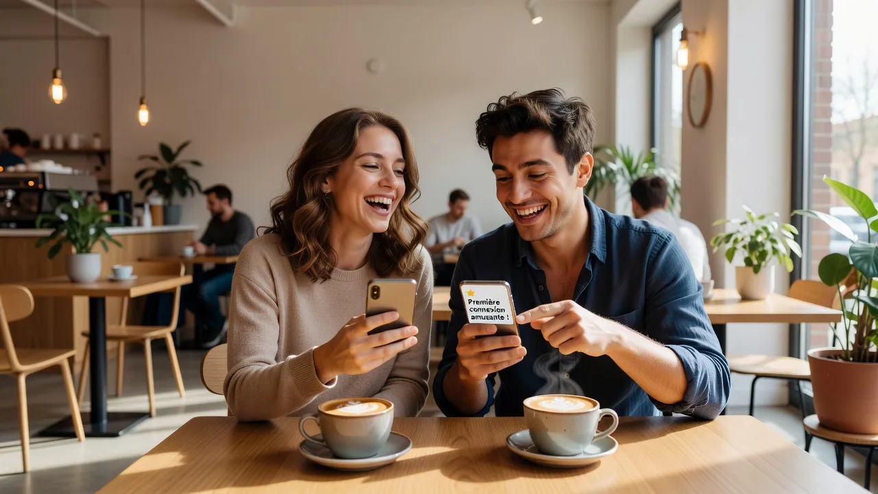 Deux personnes qui rient en consultant leurs téléphones, premier contact amusant dans un café moderne