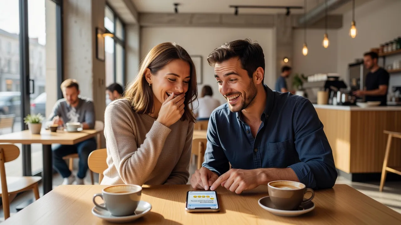 Deux personnes lisant un téléphone ensemble et réagissant avec humour à un message