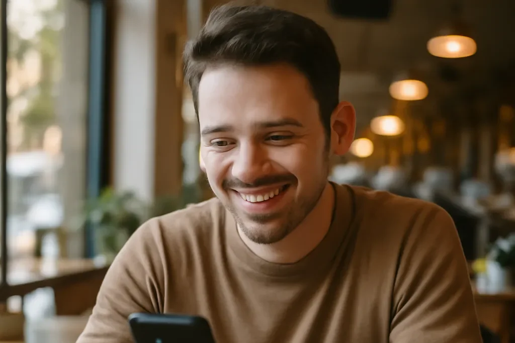 Personne assise dans un café souriant en lisant un message sur son téléphone