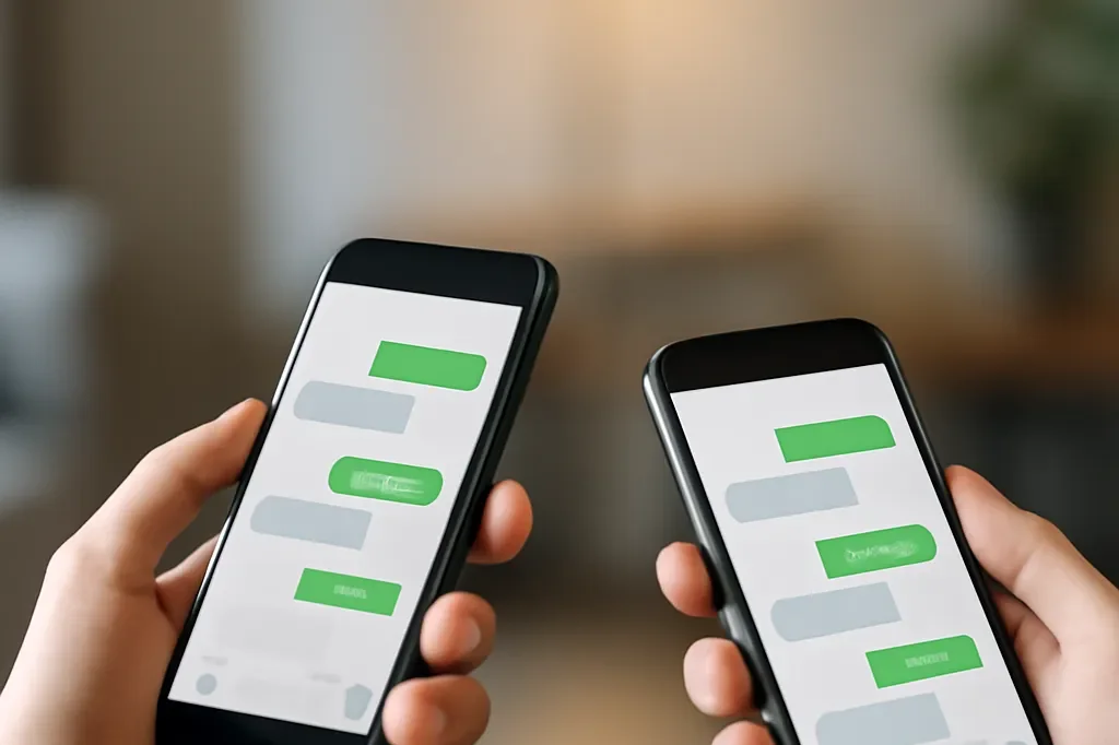 Deux mains tenant chacune un smartphone symbolisant un échange de messages à distance