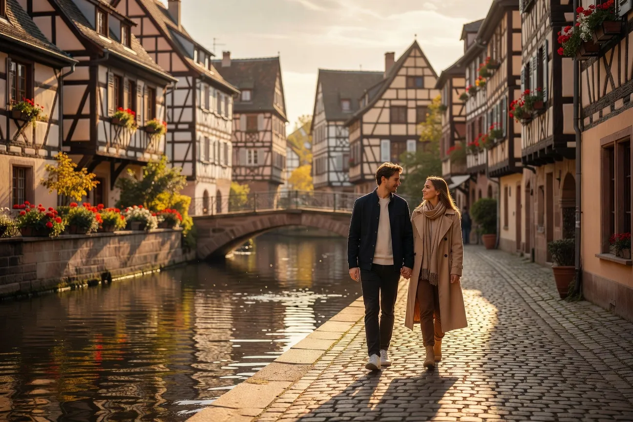 Promenade dans la Petite France à Strasbourg, couple et ambiance romantique
