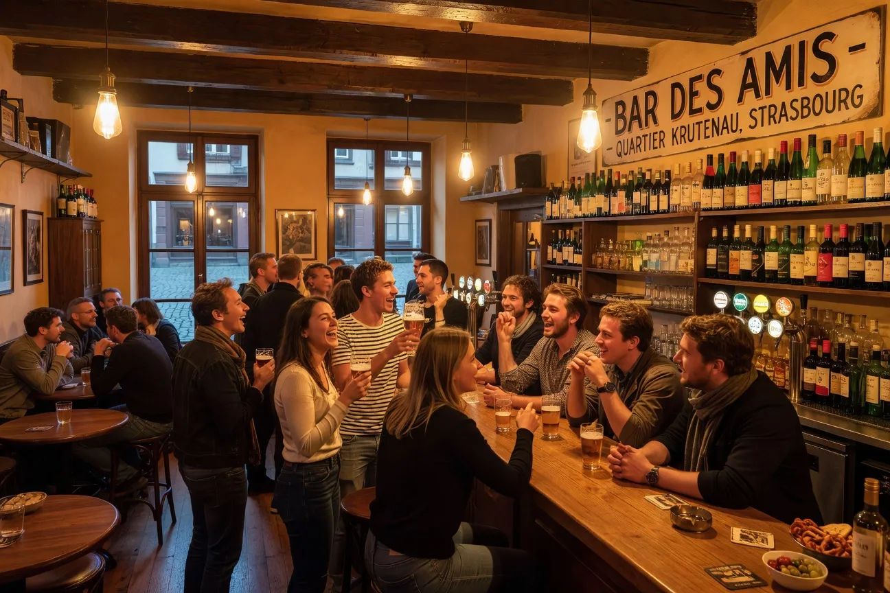 Bar animé dans le quartier Krutenau à Strasbourg, jeunes célibataires