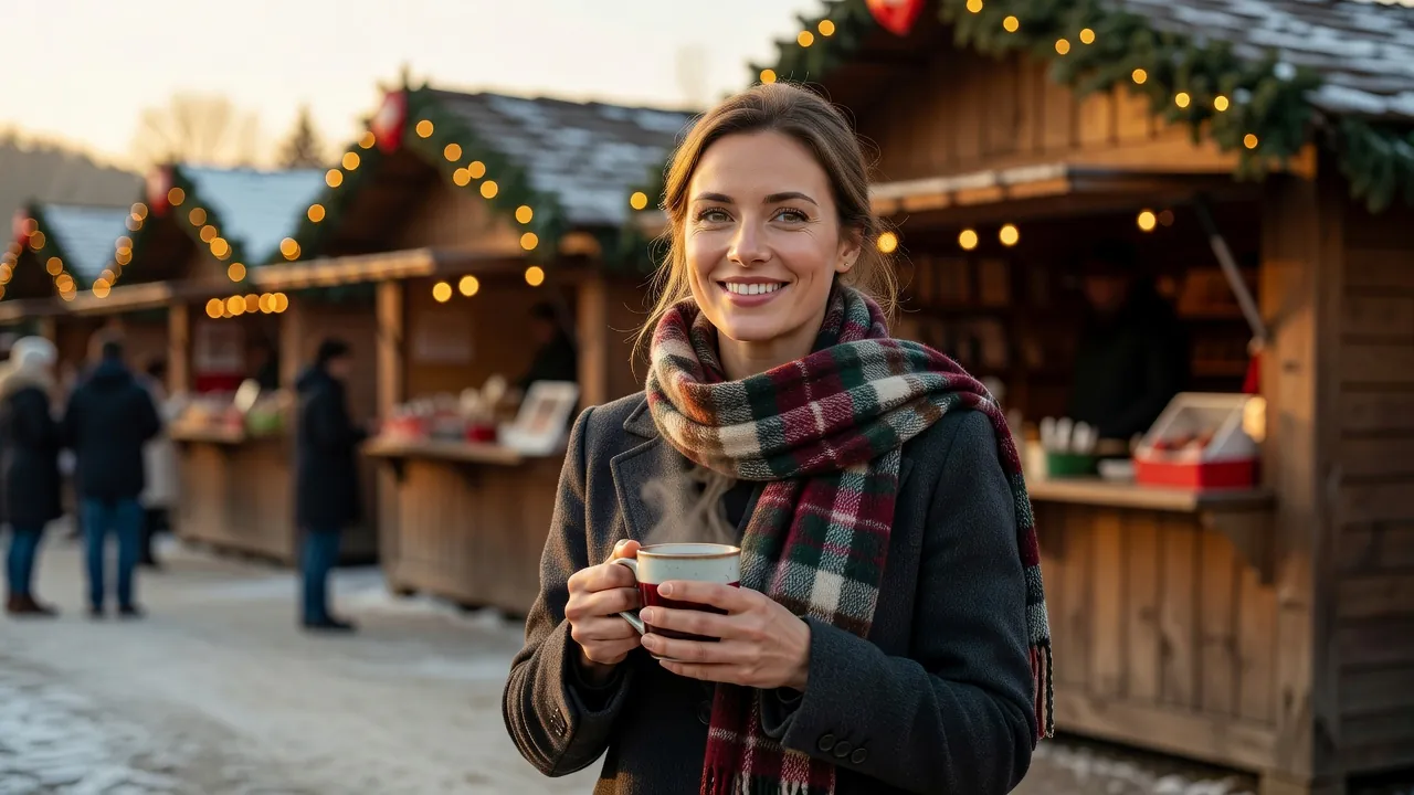 Célibataire souriant lors d'un marché de Noël, ambiance chaleureuse