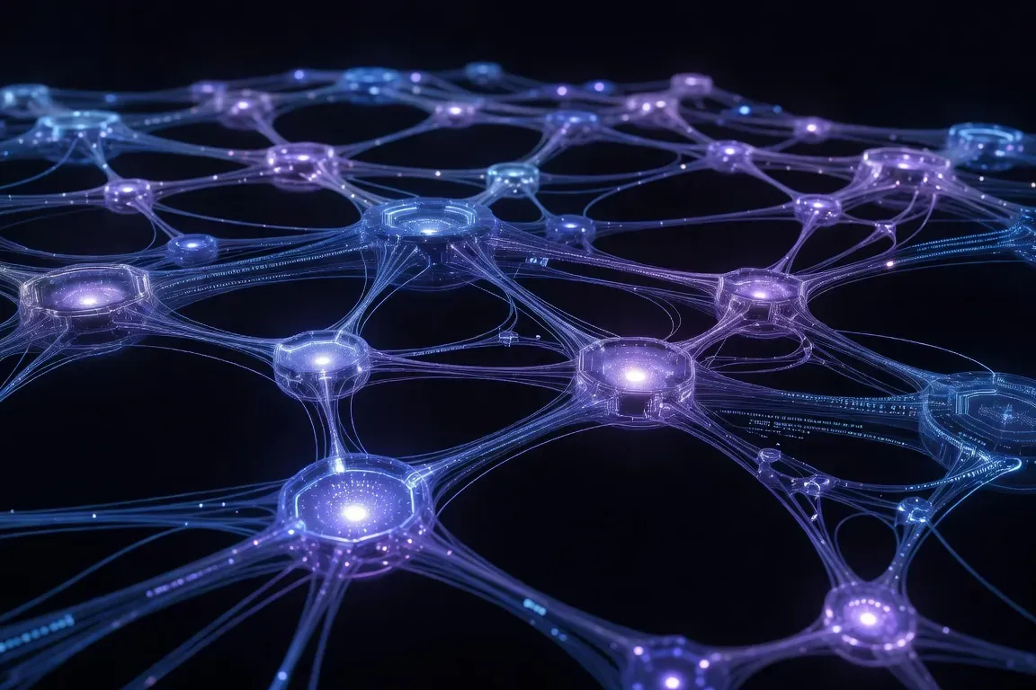 Visualisation d'un réseau de connexions IA, nœuds lumineux, ambiance tech
