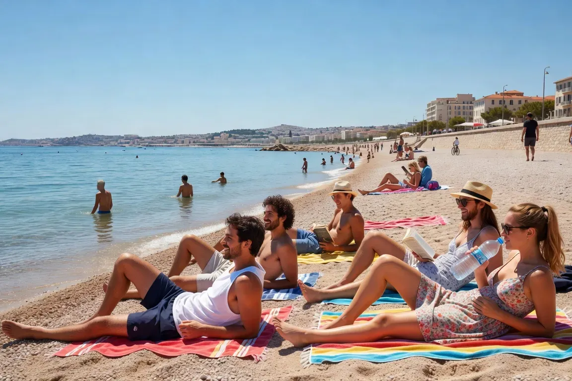 Plage de la Corniche à Marseille, jeunes adultes décontractés, mer bleue
