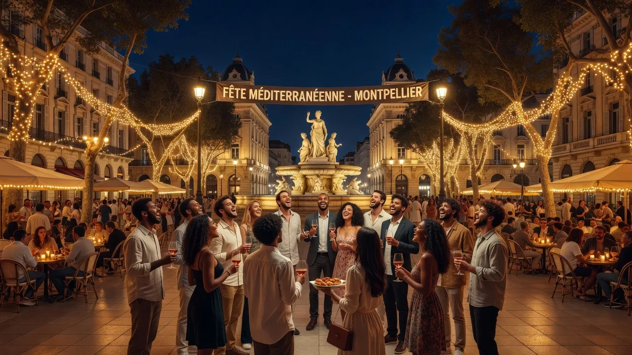 Place de la Comédie à Montpellier de nuit, fontaines illuminées, groupes de jeunes adultes