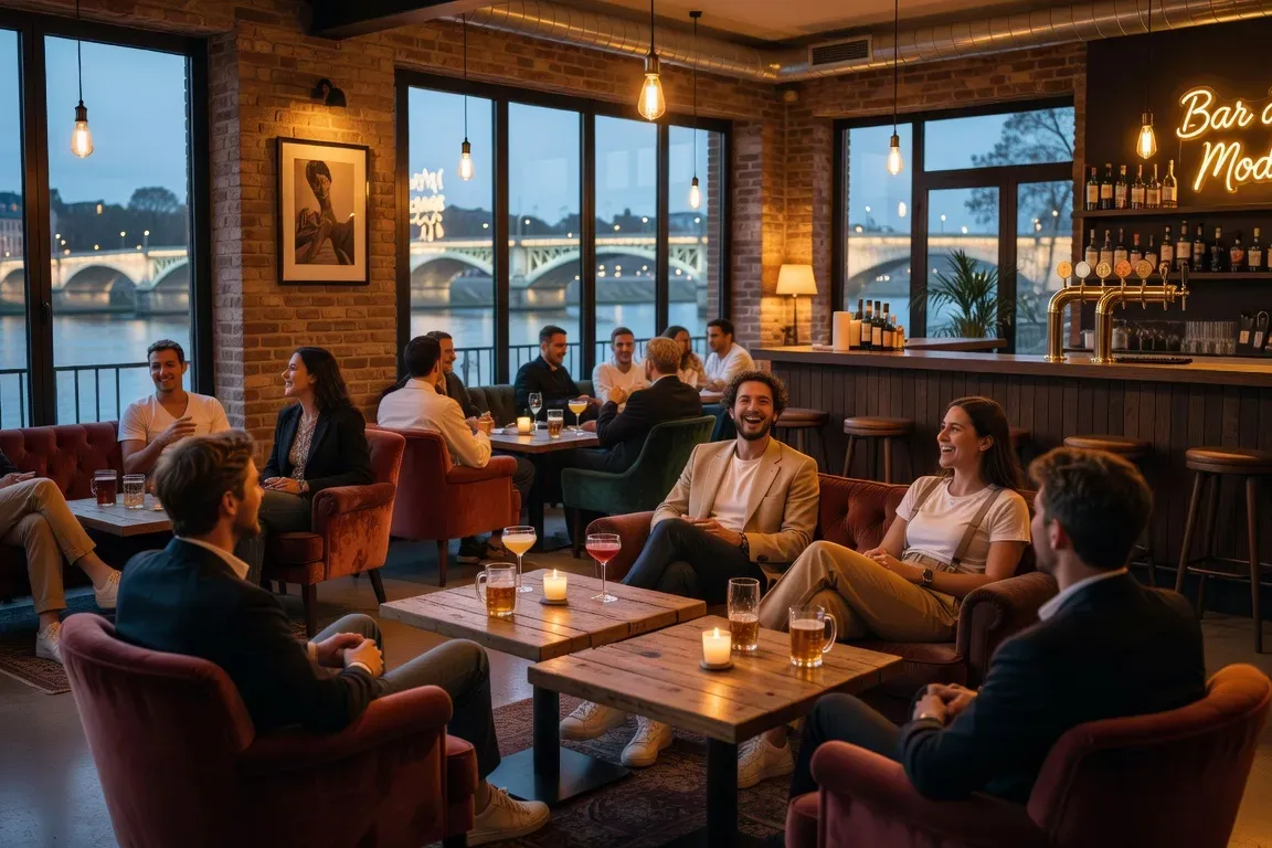 Bar tendance à Nantes, groupes de célibataires qui discutent en soirée