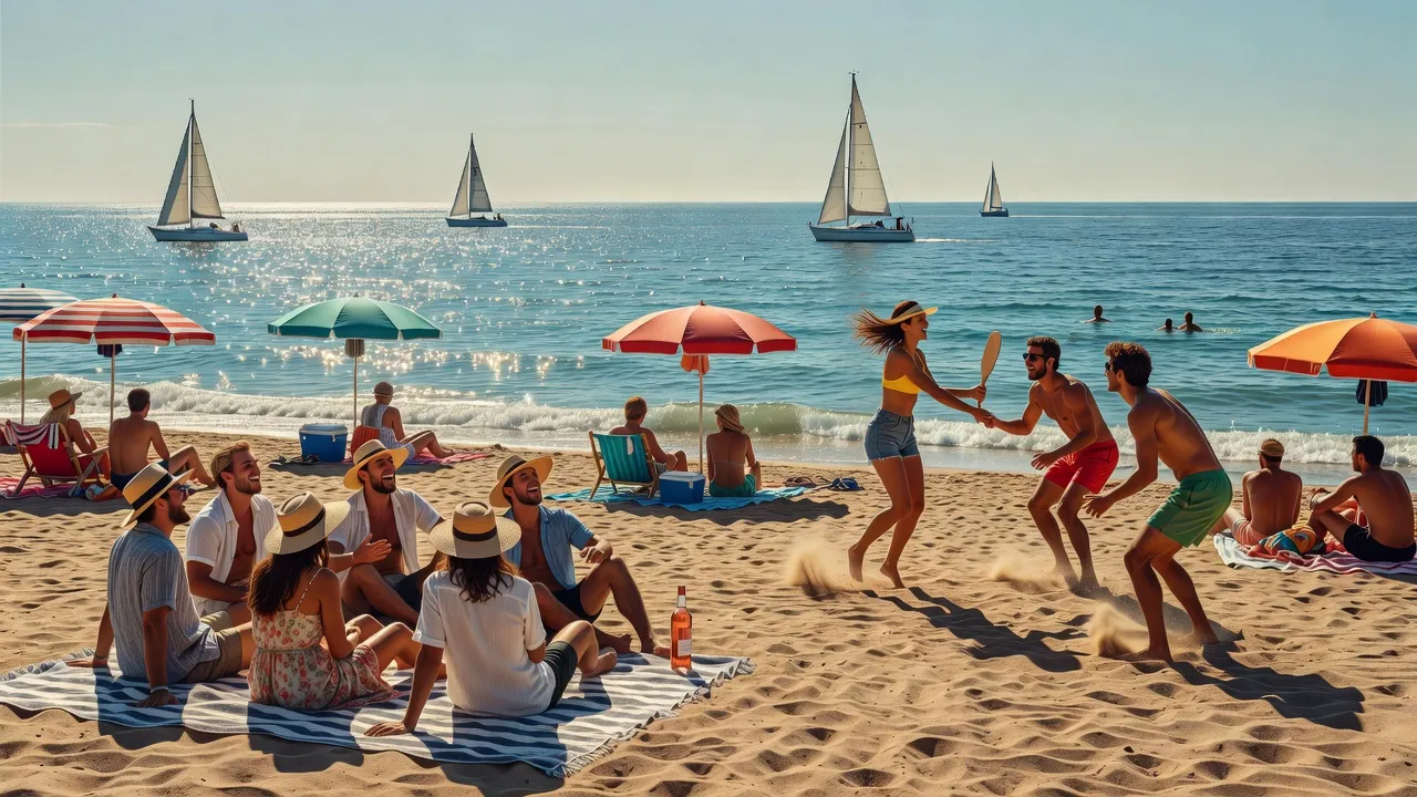 Plage animée de la Côte d'Azur avec groupes de jeunes adultes profitant du soleil méditerranéen