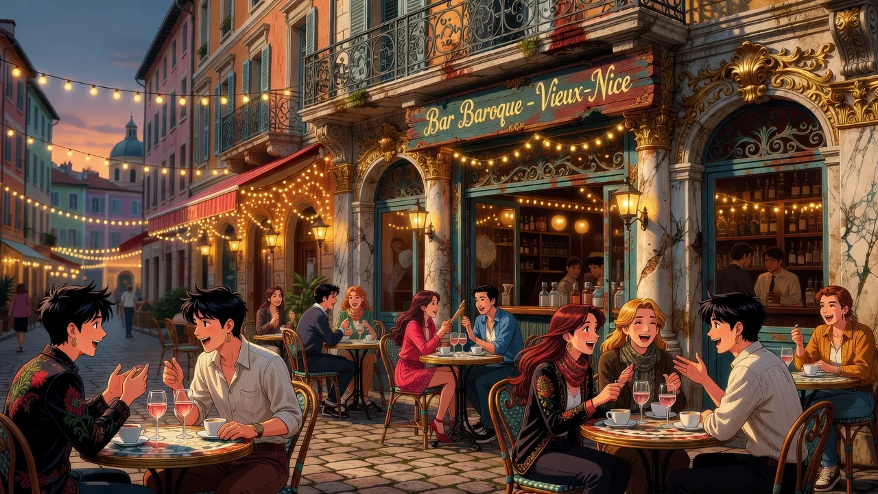 Bar animé dans le Vieux-Nice, terrasse colorée avec lumière chaude de soirée et groupes de célibataires