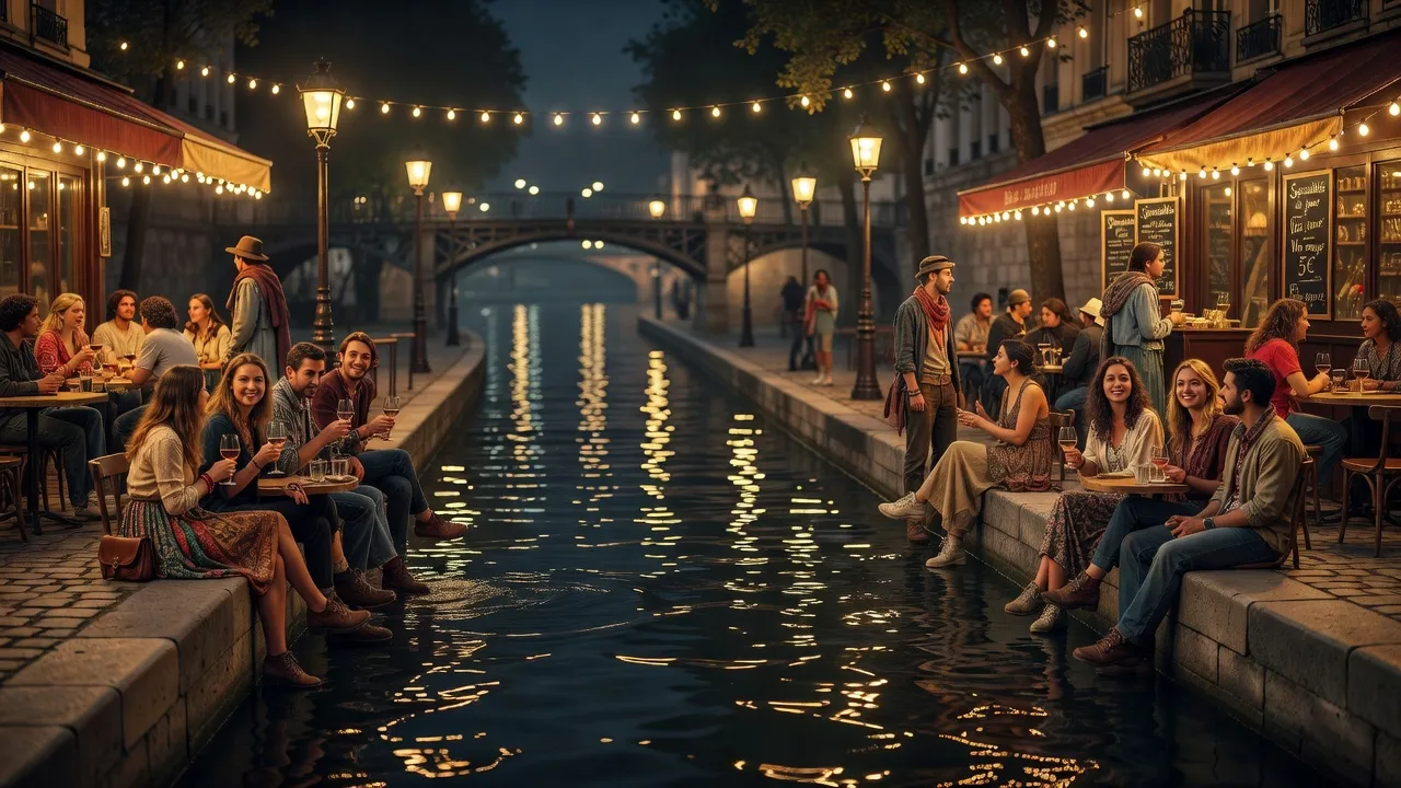 Canal Saint-Martin de nuit, terrasses animées, jeunes adultes discutant en bord de canal