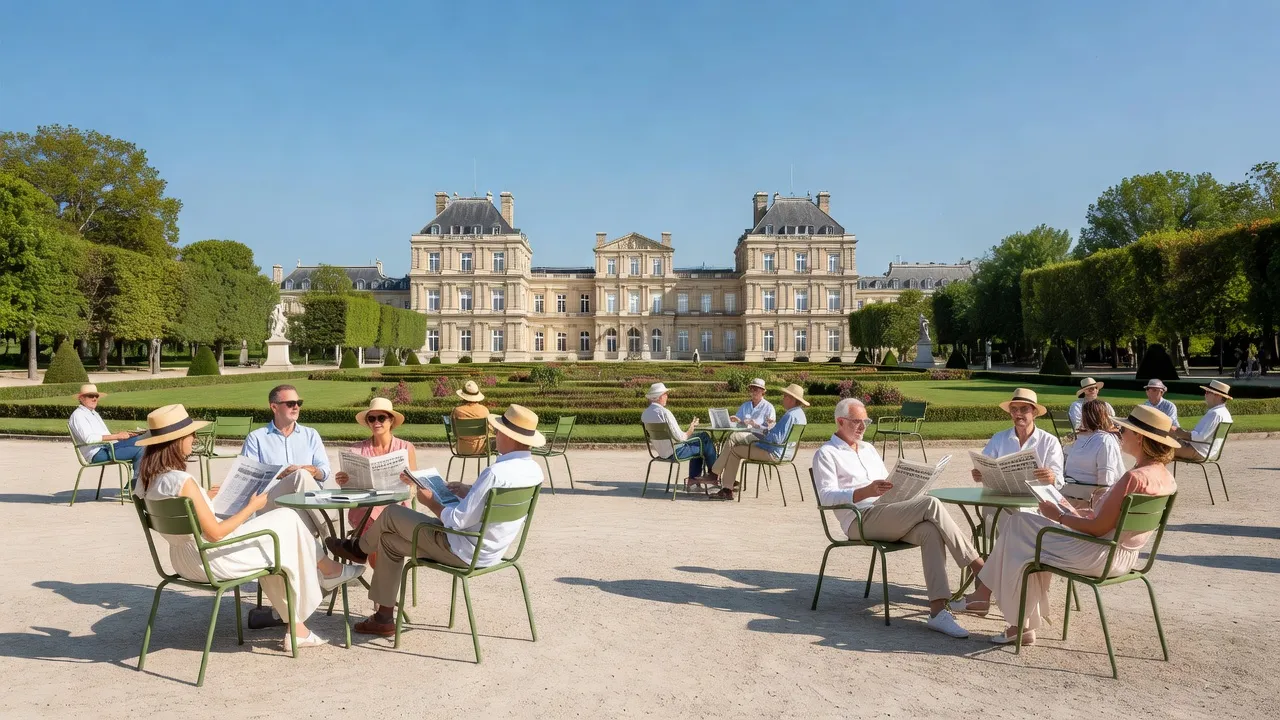 Jardin du Luxembourg par beau temps, couples et célibataires assis dans les chaises vertes