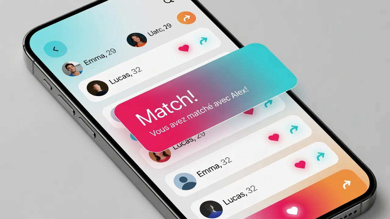 Interface app de rencontre stylisée, notification Match!, design épuré