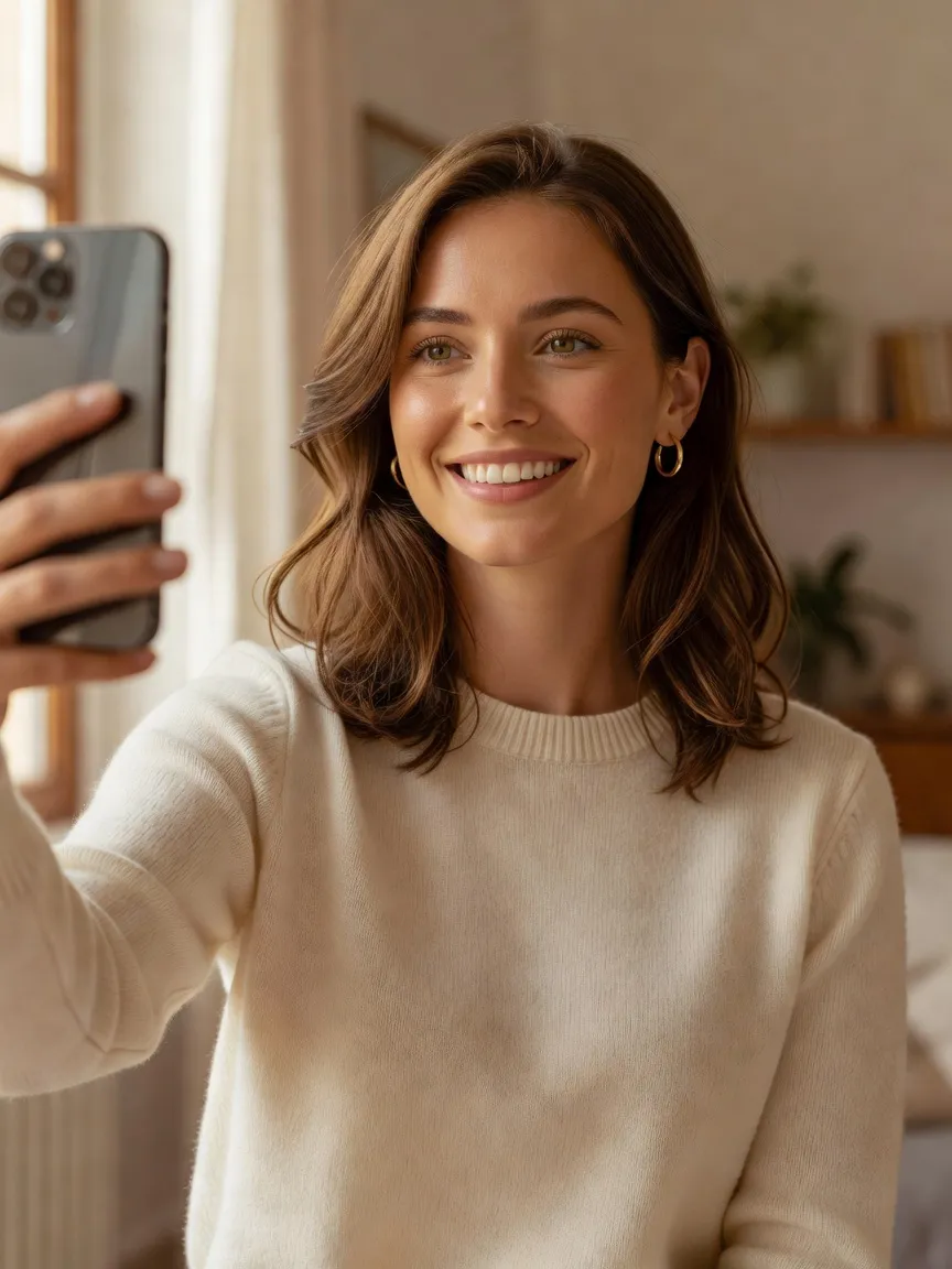 Femme souriant pour son photo de profil de rencontre, lumière naturelle et authenticité