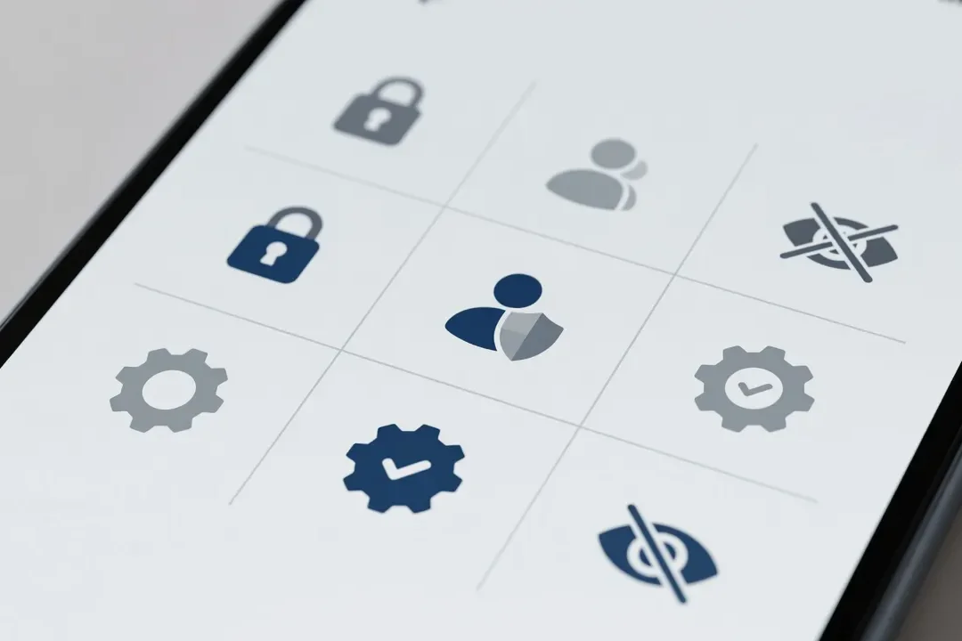Gros plan sur un écran de smartphone affichant des icônes de paramètres de confidentialité