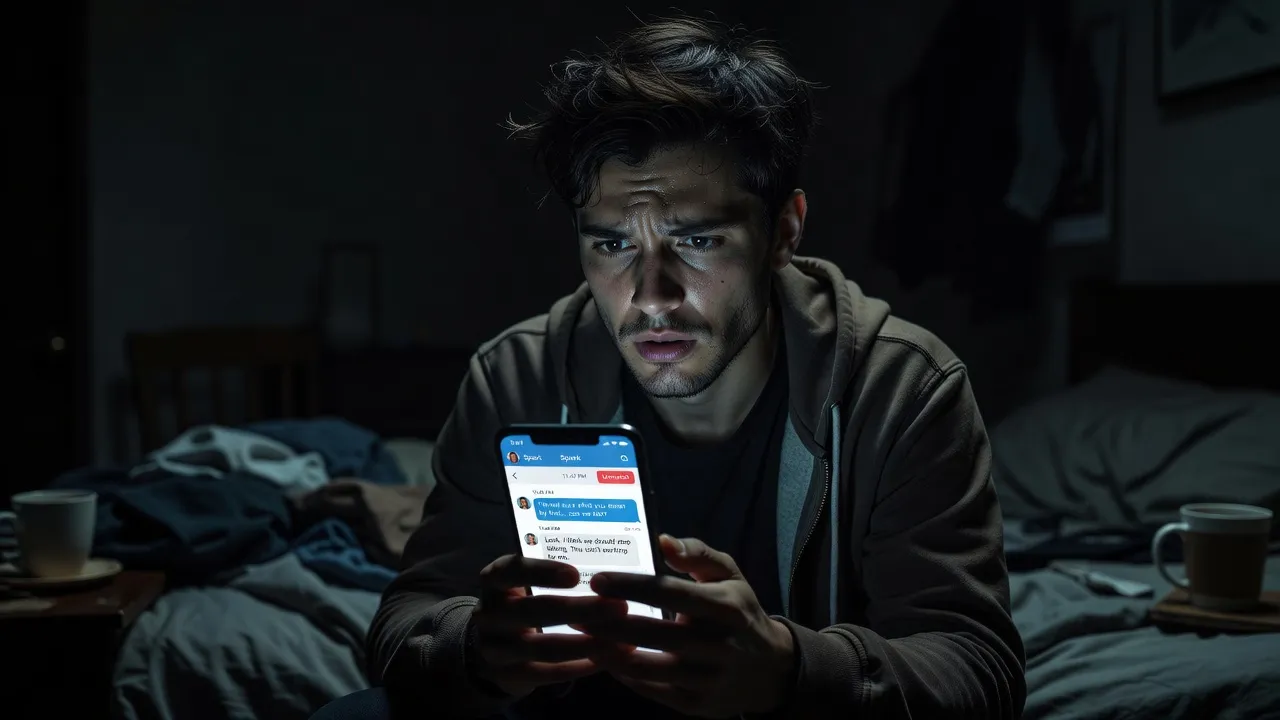 Personne sur un smartphone regardant des messages d'une application de rencontre avec une expression sceptique