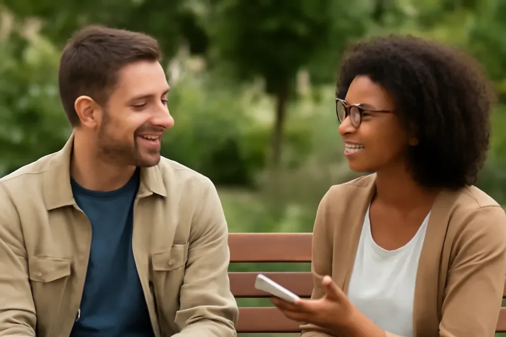 Deux adultes assis sur un banc en extérieur en pleine conversation détendue