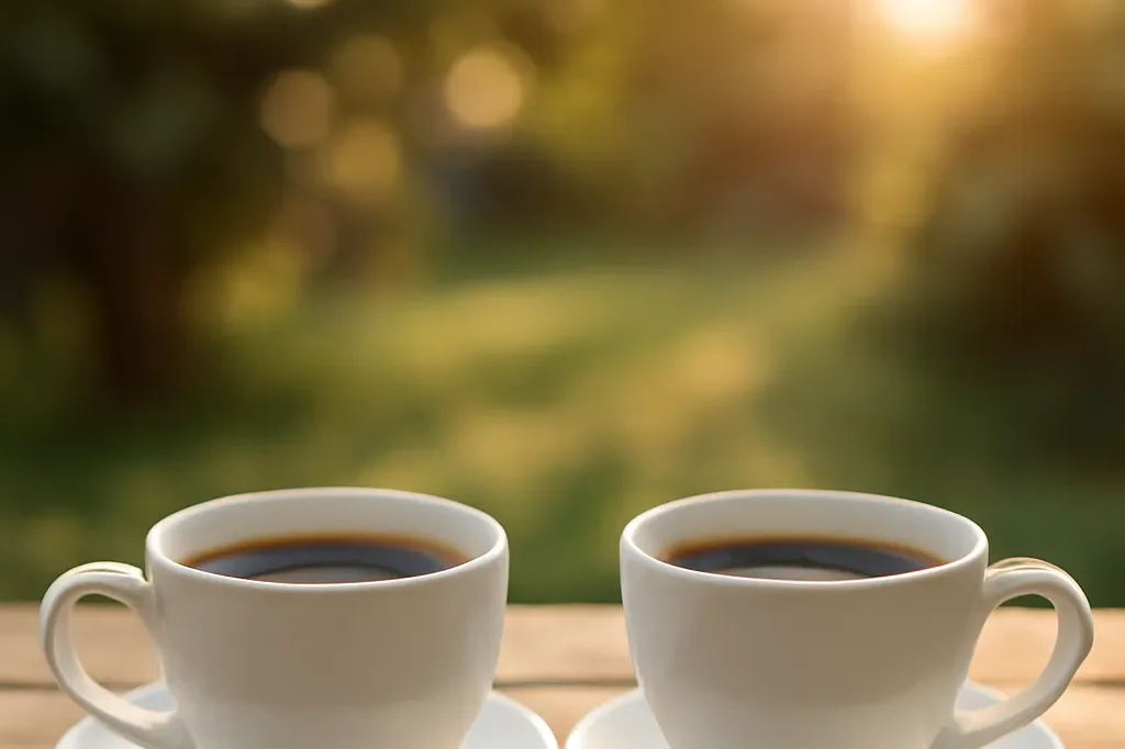 Deux tasses de café identiques posées face à face sur une table extérieure, symbole d'équilibre