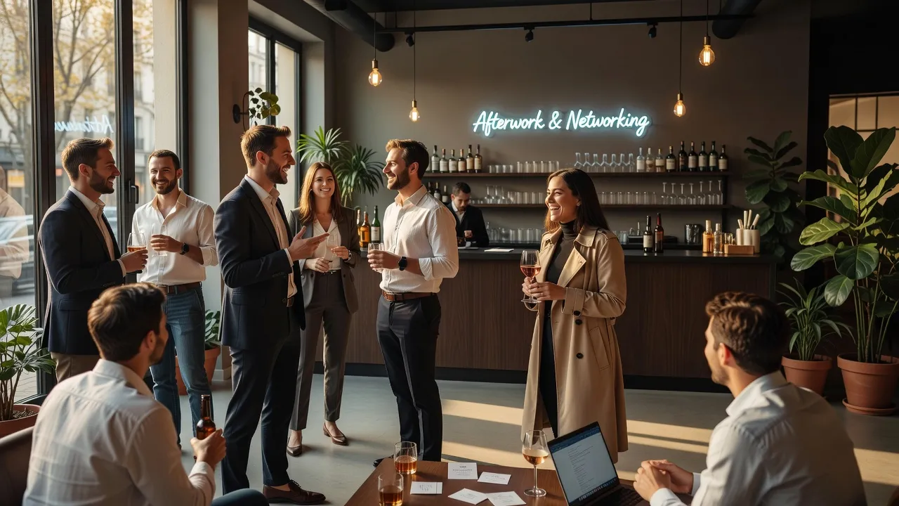 Trentenaires lors d'un afterwork décontracté, sourires et conversations animées