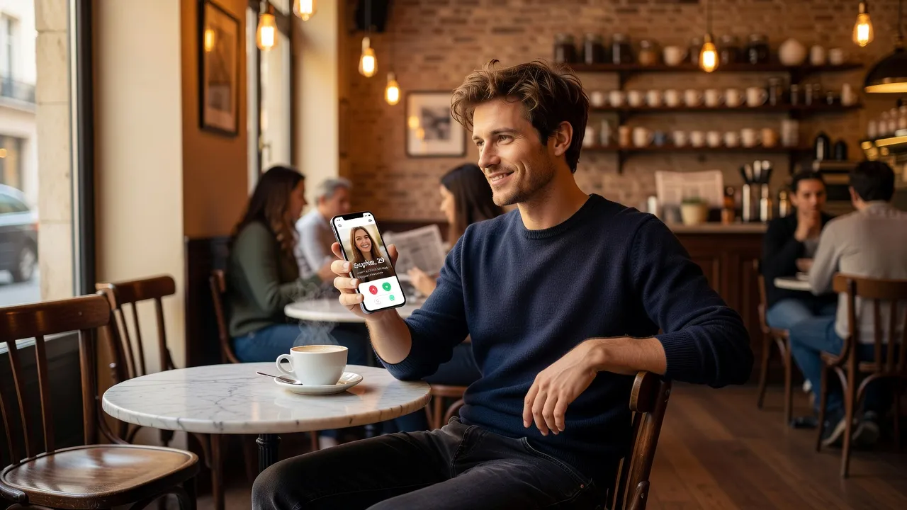 Personne de 30 ans utilisant une application de rencontre sur son téléphone dans un café
