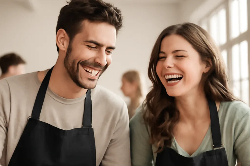 Homme et femme riant ensemble pendant un atelier de cuisine collective, tabliers noirs, lumière naturelle