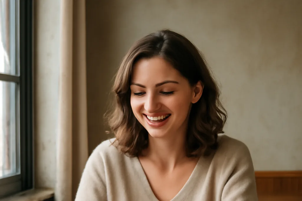 Femme souriante consultant une application de rencontre sur son téléphone, assise dans un café lumineux