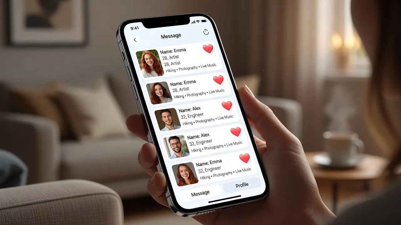 Femme souriante regardant son téléphone avec l'interface d'une application de rencontre sérieuse