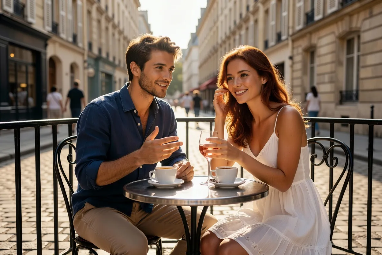 Deux personnes partageant un repas et une conversation authentique lors d'un premier rendez-vous
