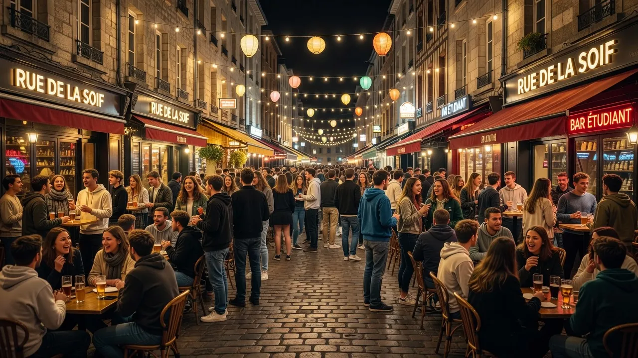 Rue de la Soif à Rennes, soirée animée avec terrasses et groupes de jeunes adultes