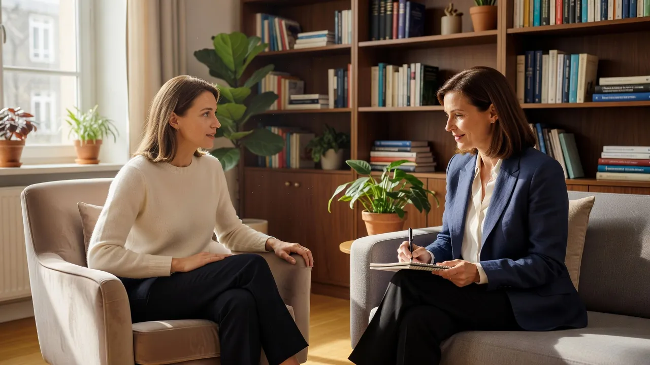 Deux personnes échangeant lors d'une séance de psychologie, ambiance apaisée