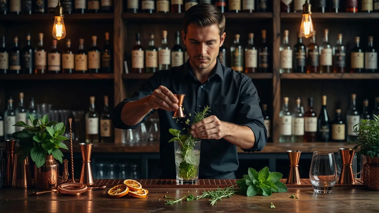 Barman préparant un cocktail sans alcool avec ingrédients botaniques, bar élégant