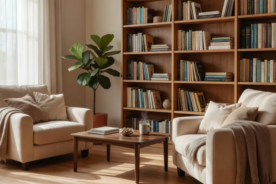 Cabinet de sexologue, livres, fauteuils confortables, ambiance professionnelle