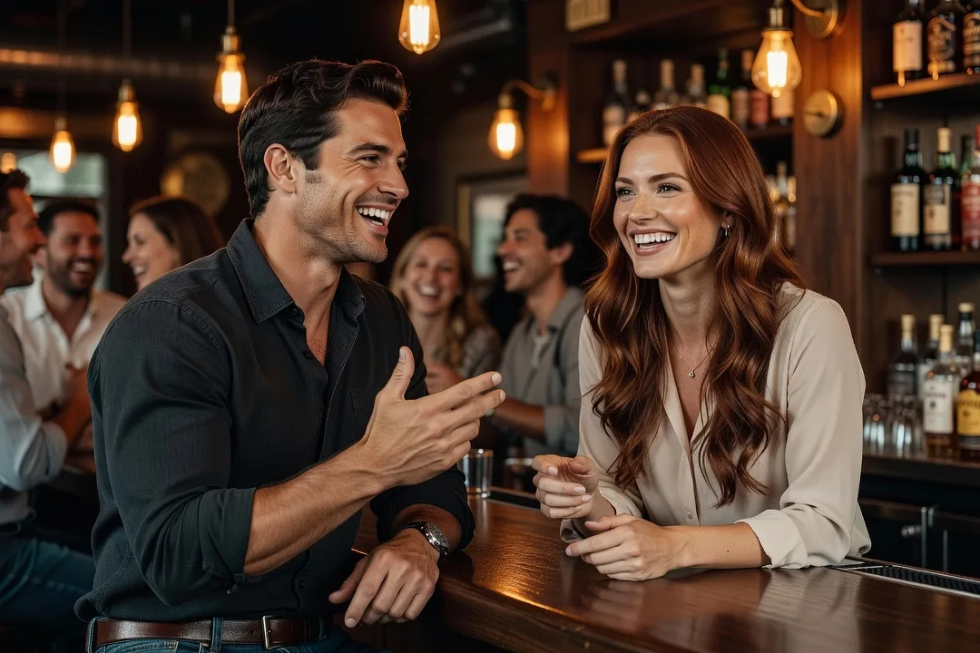 Couple souriant en pleine conversation animée dans un bar, ambiance conviviale et détendue