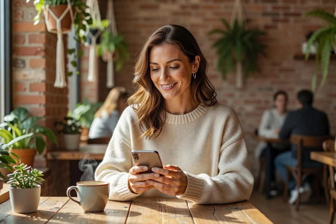 Femme regardant son téléphone avec un léger sourire, assise seule dans un café lumineux