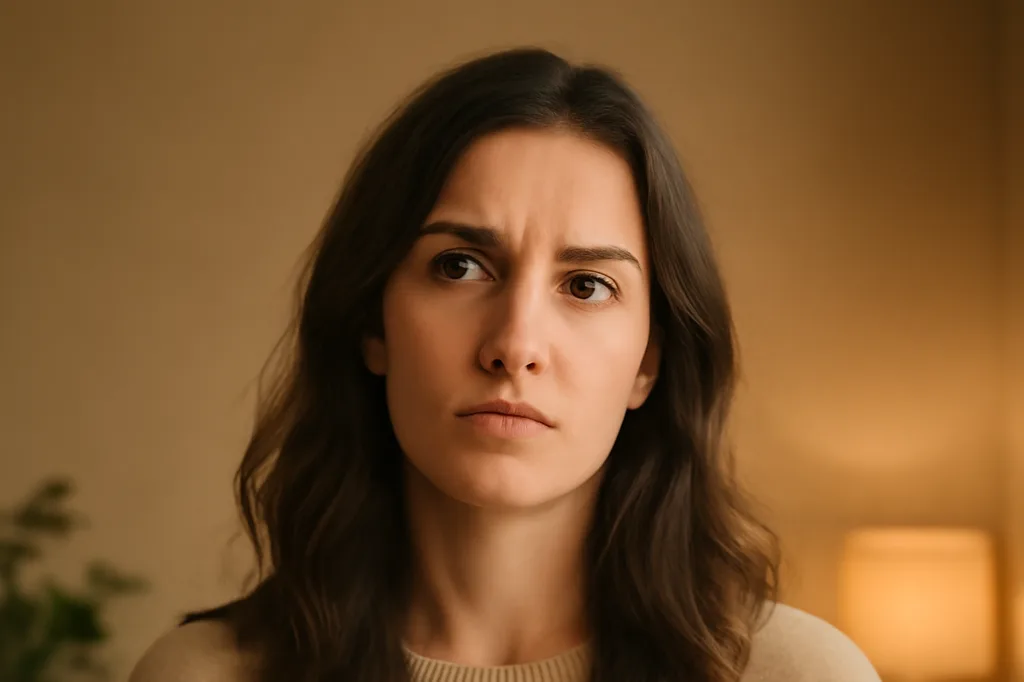 Femme pensive tenant son téléphone, expression interrogative, lumière douce d'intérieur