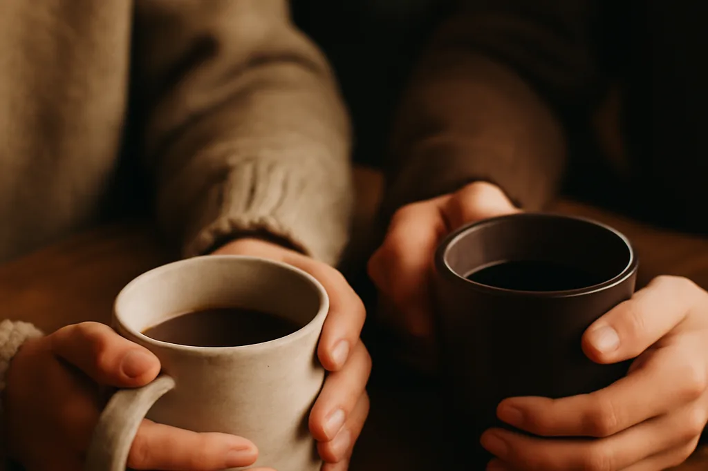 Deux mains tenant chacune une tasse, posées sur une table en bois, ambiance intime et chaleureuse