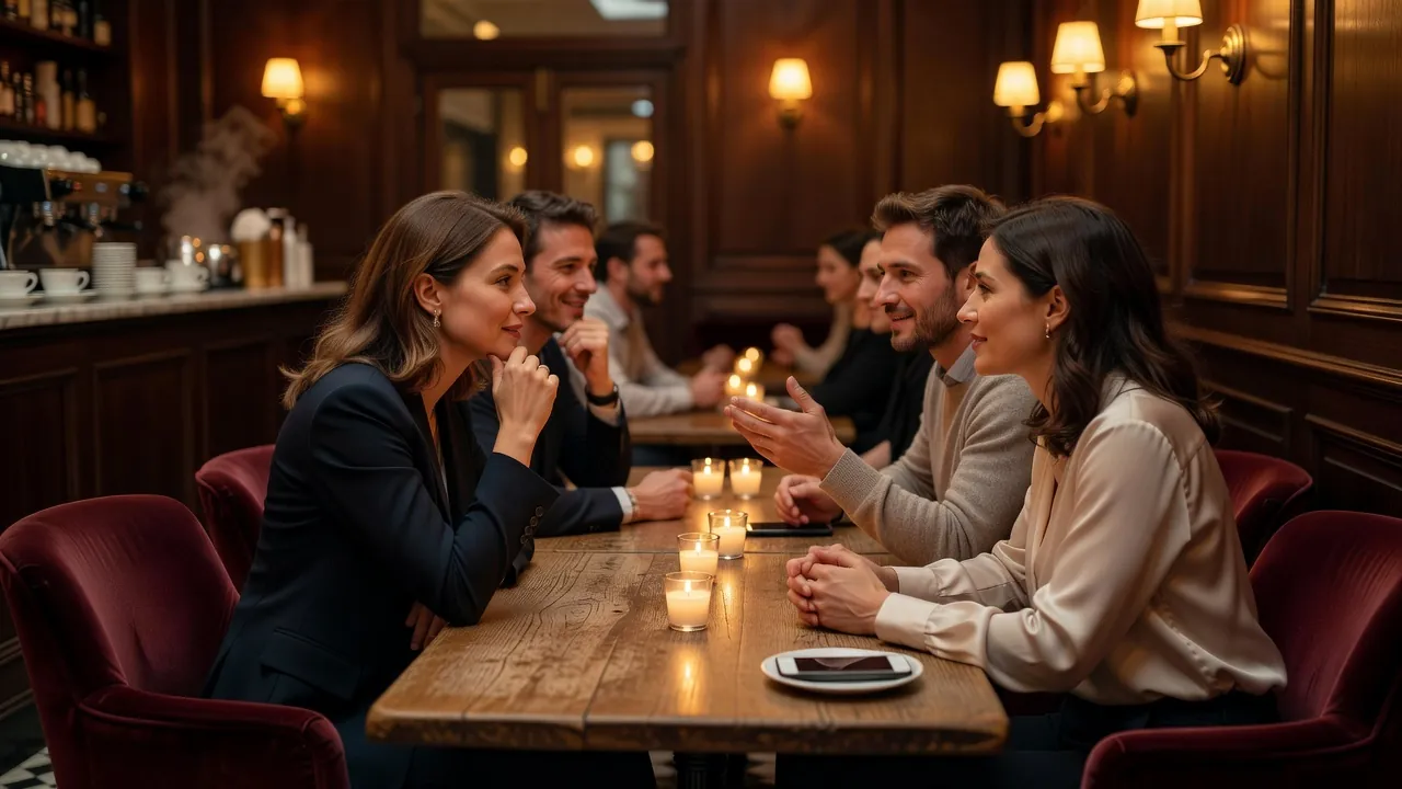 Petit groupe de célibataires échangeant autour d'une table lors d'une soirée slow dating