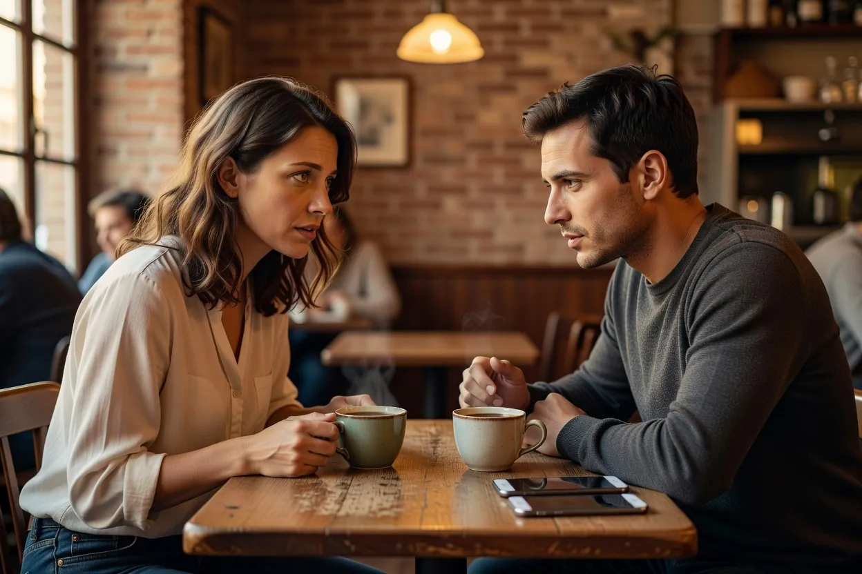 Deux personnes conversant tranquillement dans un café intimiste, téléphones posés sur la table