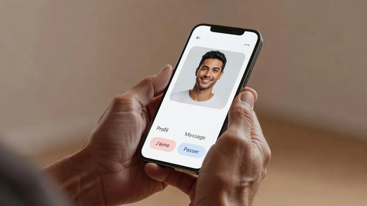 Mains de personne mature tenant un smartphone avec interface app de rencontre moderne